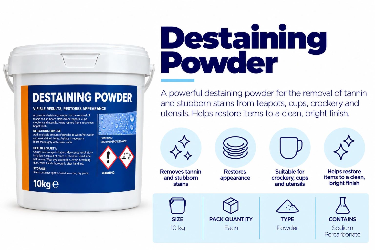 Destaining powder for removing tannin stains and restoring brightness.