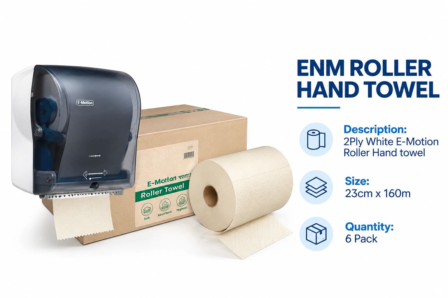 ENM 2-ply roller hand towel with dispenser and packaging box.