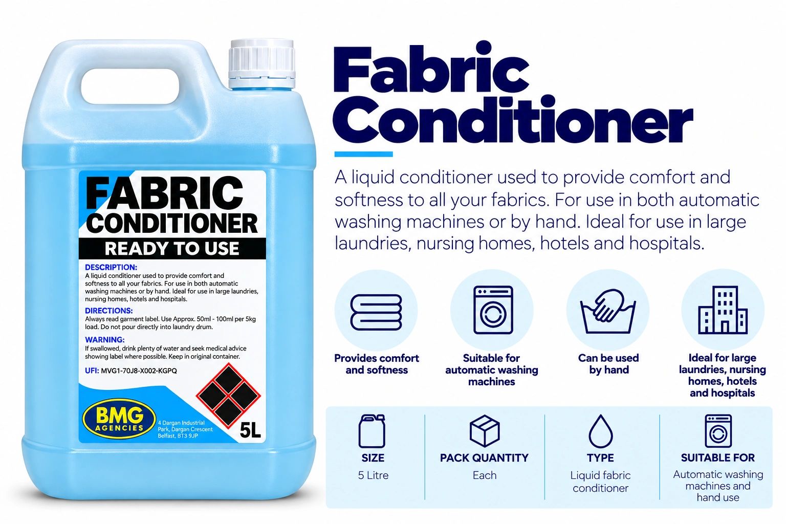 5L container of fabric conditioner for comfort and softness.