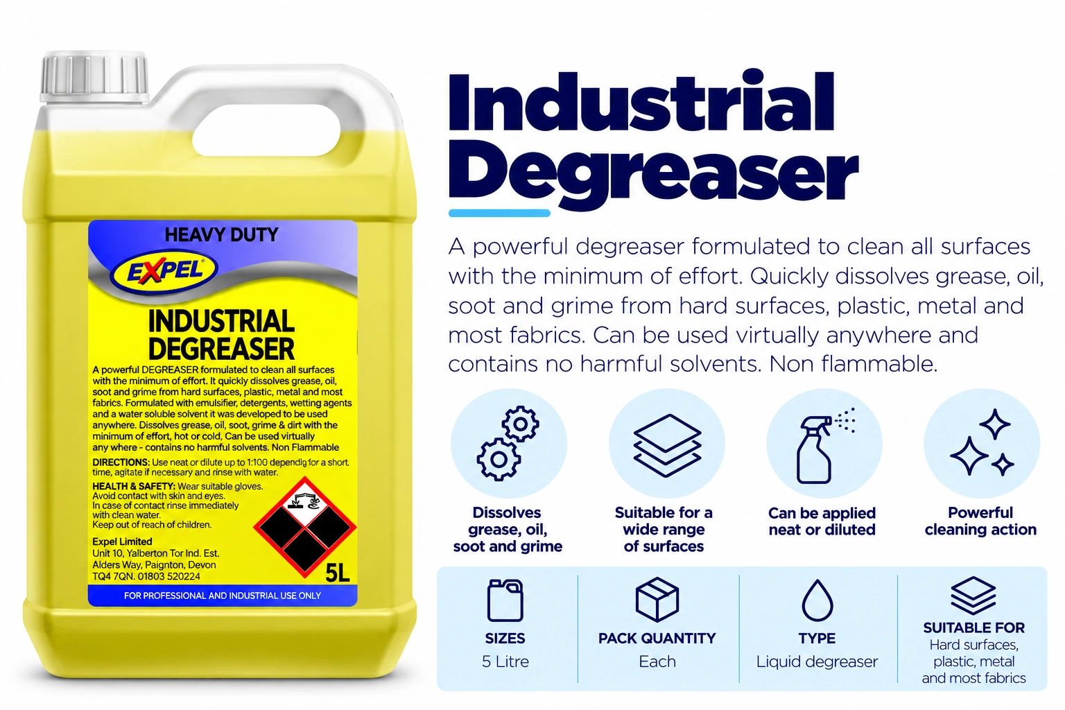 5L industrial degreaser container with cleaning benefits.