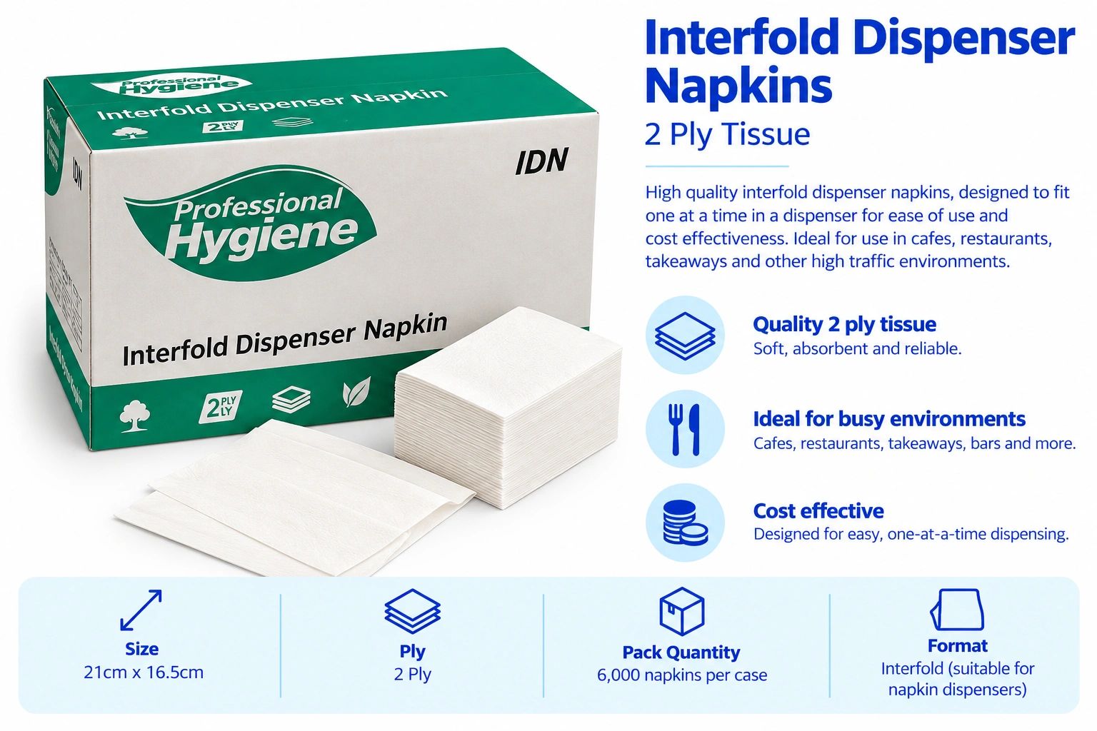 Box of Professional Hygiene Interfold Dispenser Napkins with key features and specifications.