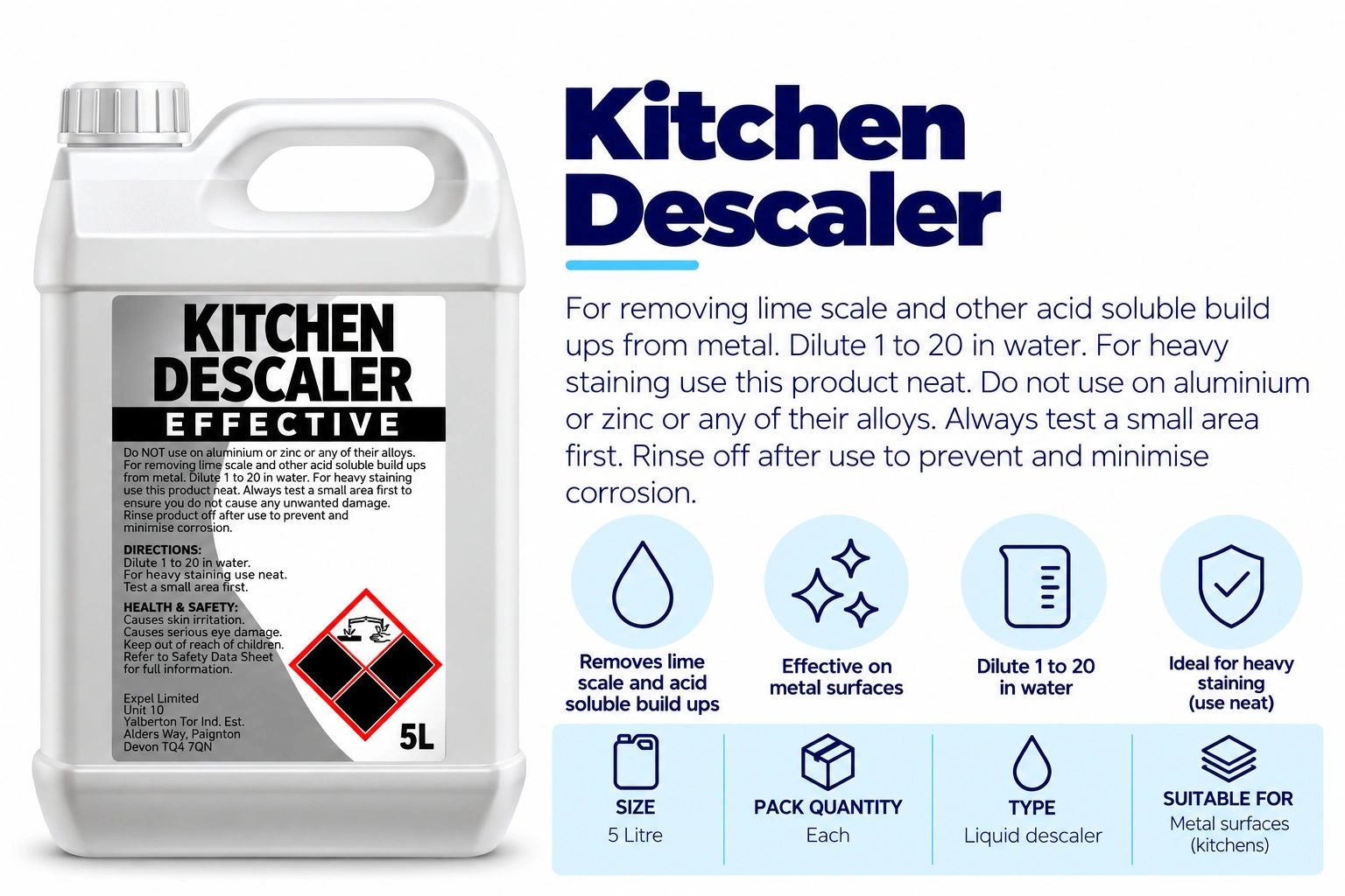5L kitchen descaler for removing lime scale and acid build-ups.