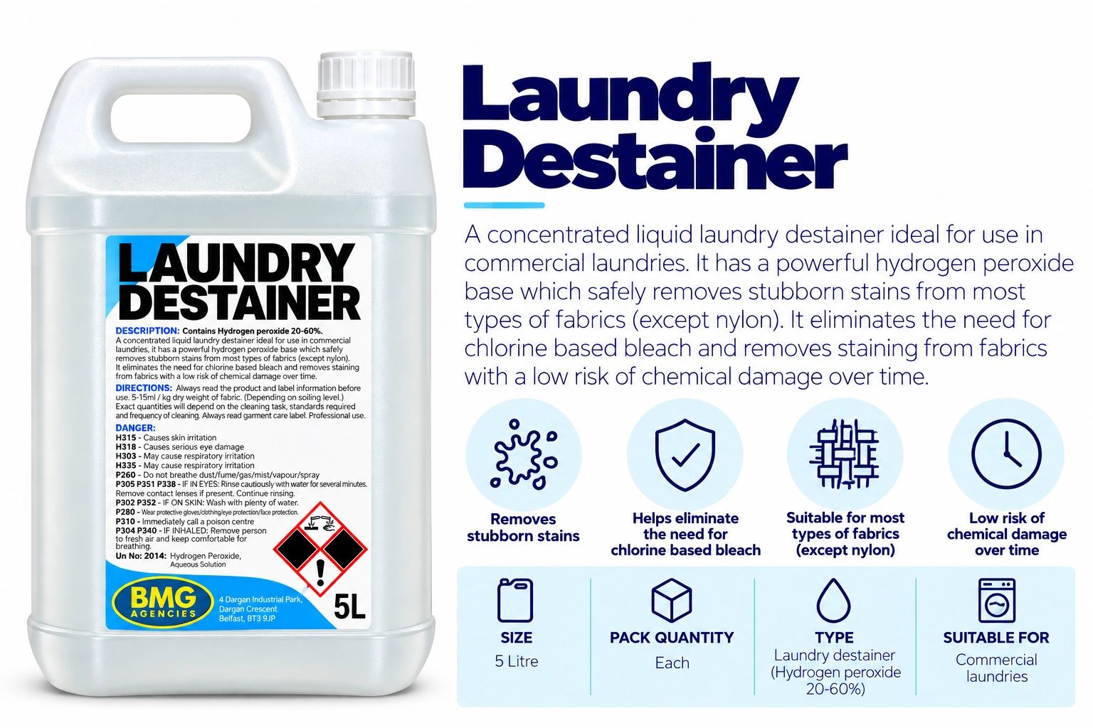 Laundry destainer liquid with hydrogen peroxide for commercial use.