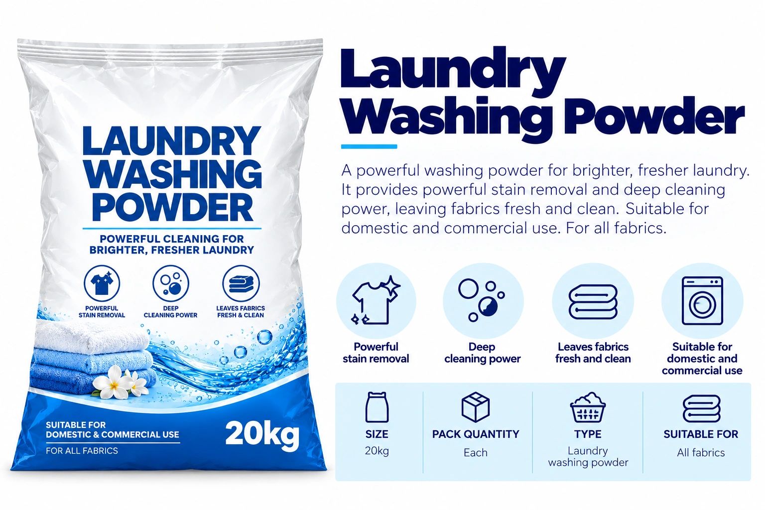 Laundry washing powder with powerful stain removal and deep cleaning.