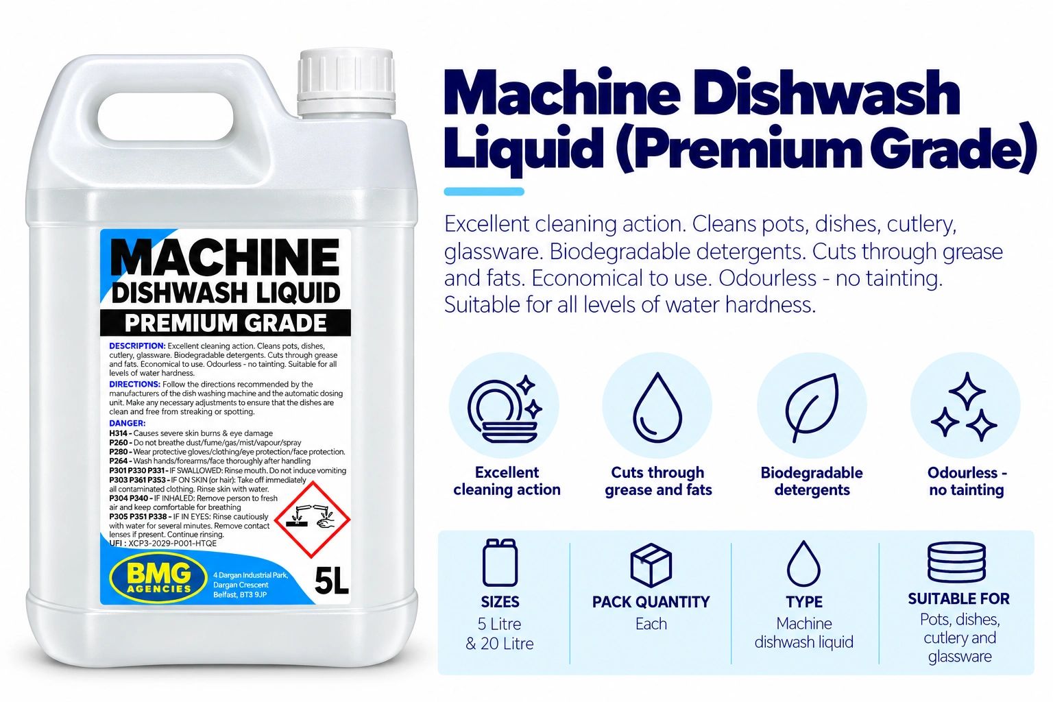 Premium grade machine dishwash liquid container with details and features.
