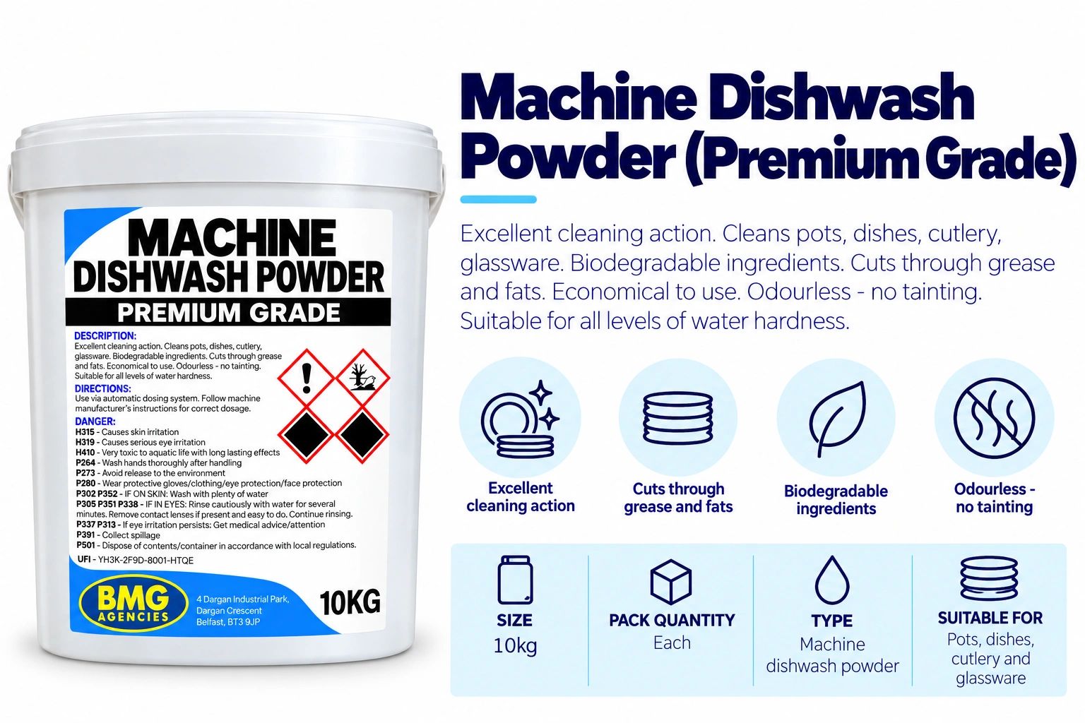 Premium grade machine dishwash powder for pots, dishes, and cutlery.