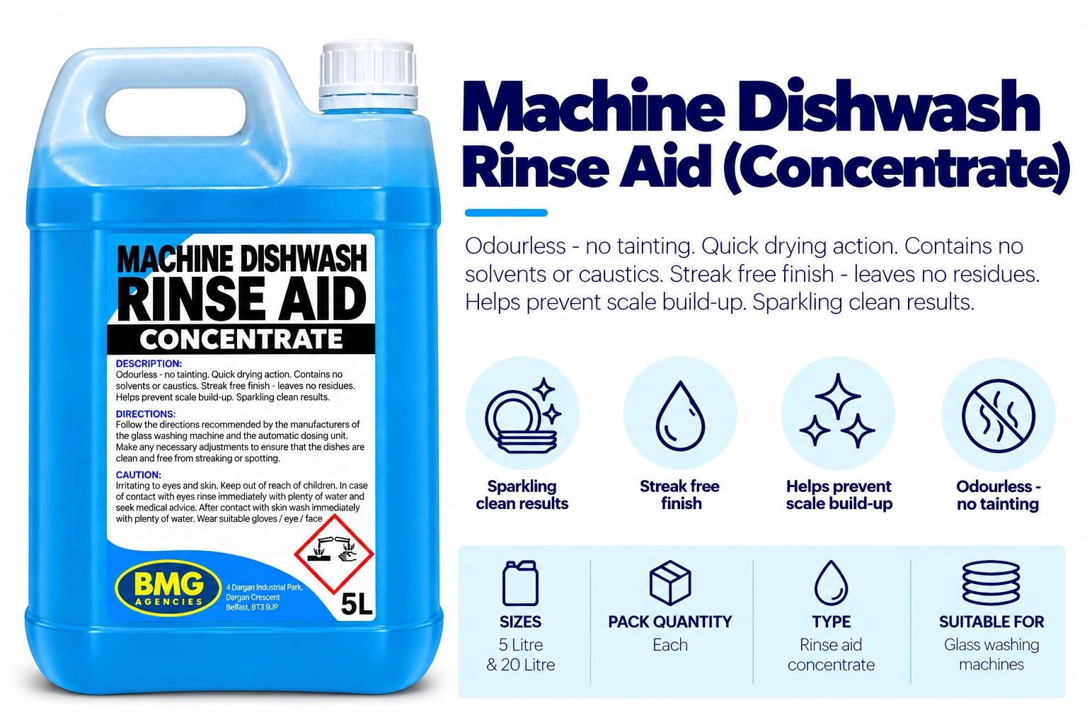 Blue 5L machine dishwash rinse aid concentrate container.