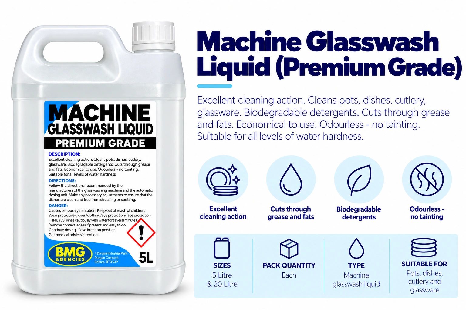 Premium grade machine glasswash liquid for excellent cleaning.