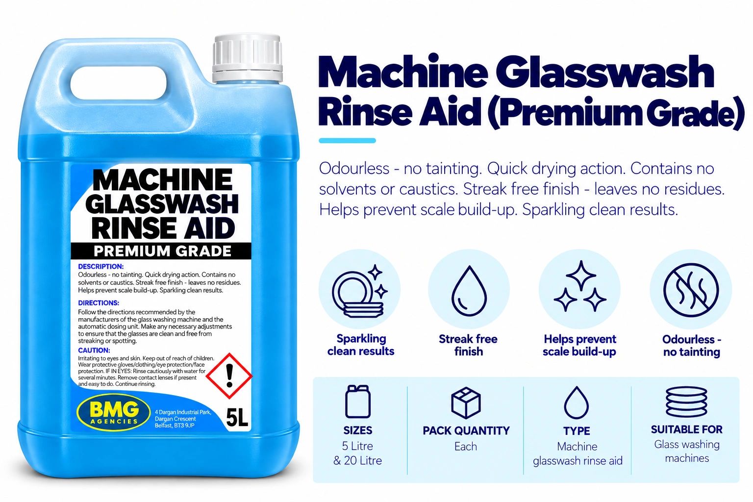 Blue container of machine glasswash rinse aid with product details and benefits.