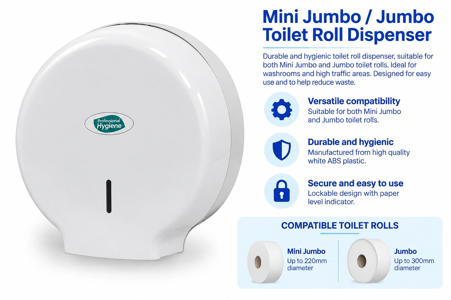 White mini jumbo/jumbo toilet roll dispenser with features and compatibility details.