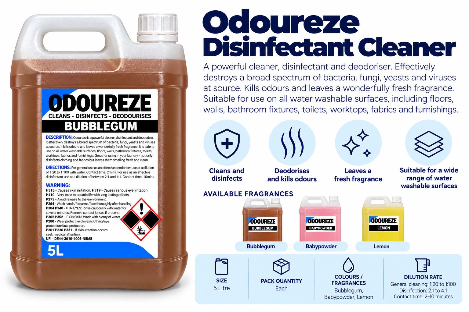 5L Odoureeze Disinfectant Cleaner in Bubblegum scent.