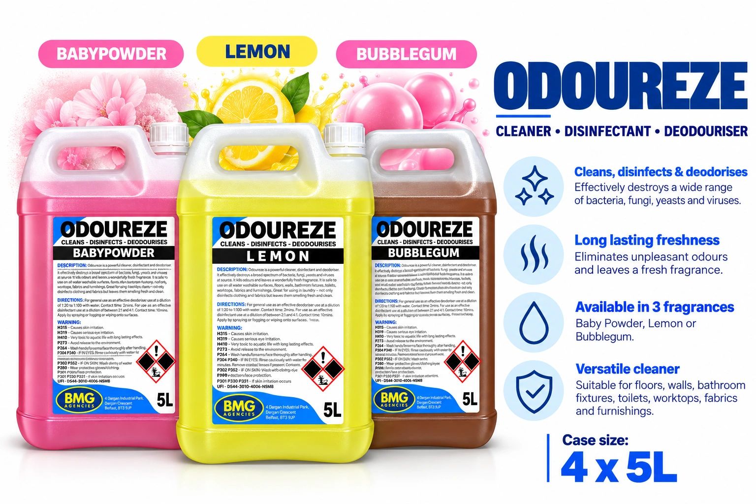 Odoureze cleaner in Baby Powder, Lemon, and Bubblegum scents.