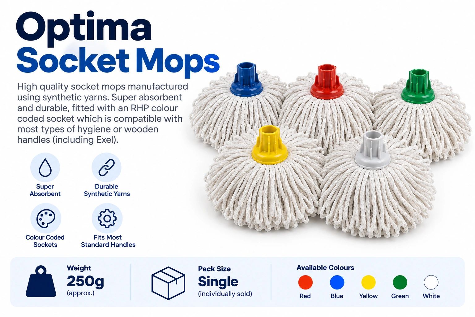 Optima Socket Mops with color-coded sockets for easy handle compatibility.