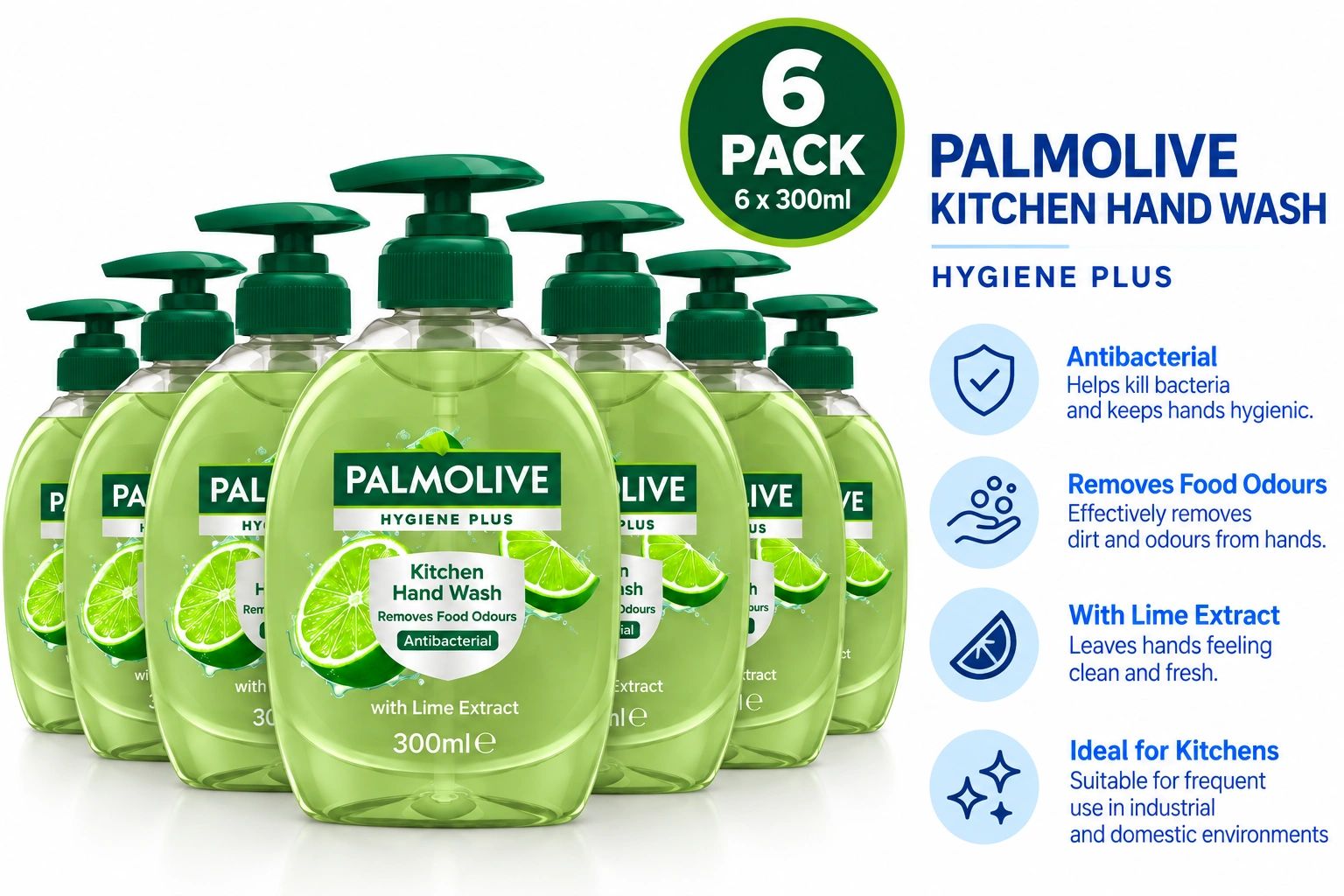 Six-pack Palmolive Kitchen Hand Wash with lime extract and antibacterial properties.