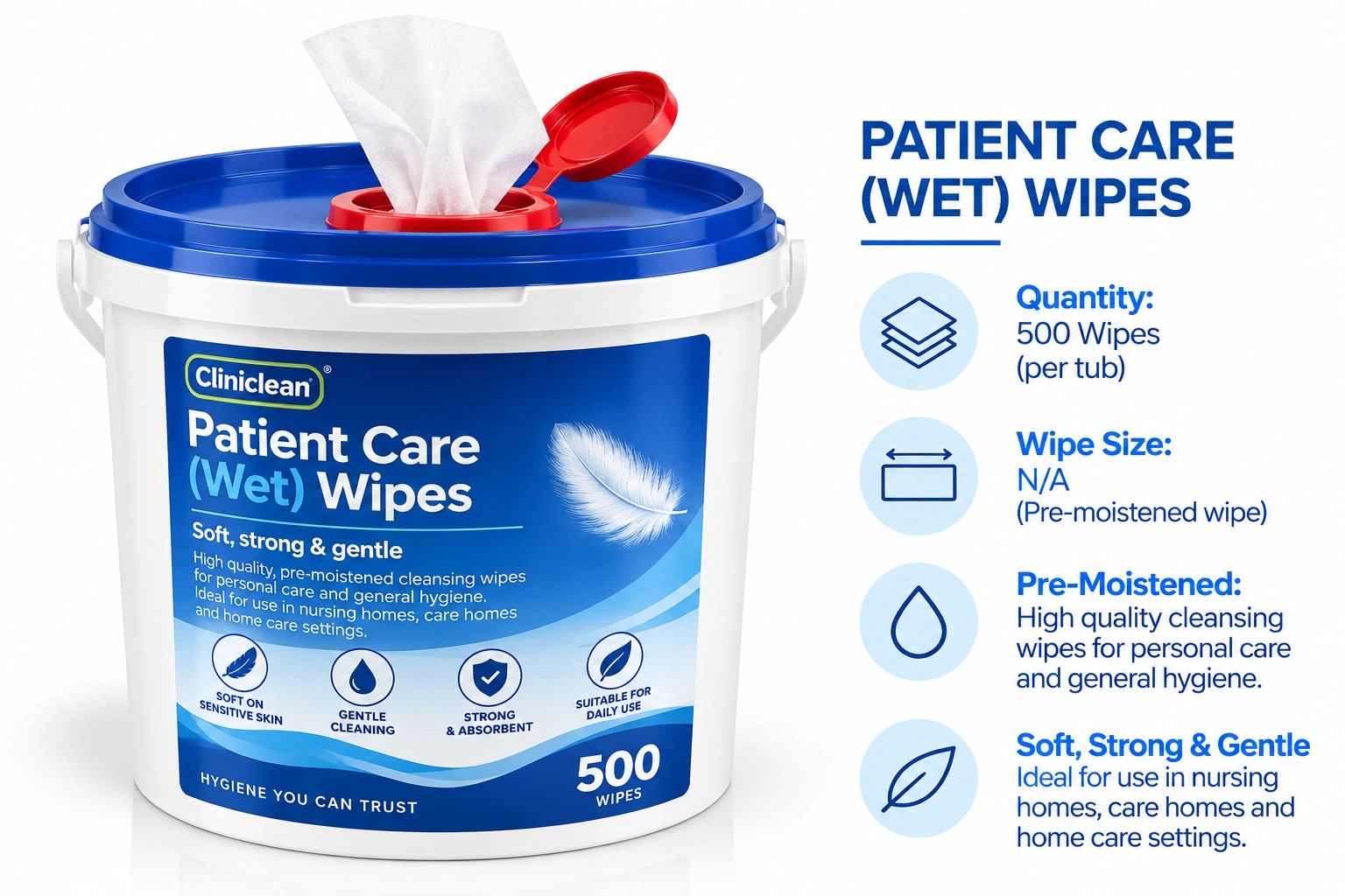 Bucket of Cliniclean Patient Care wet wipes with 500 wipes per tub.