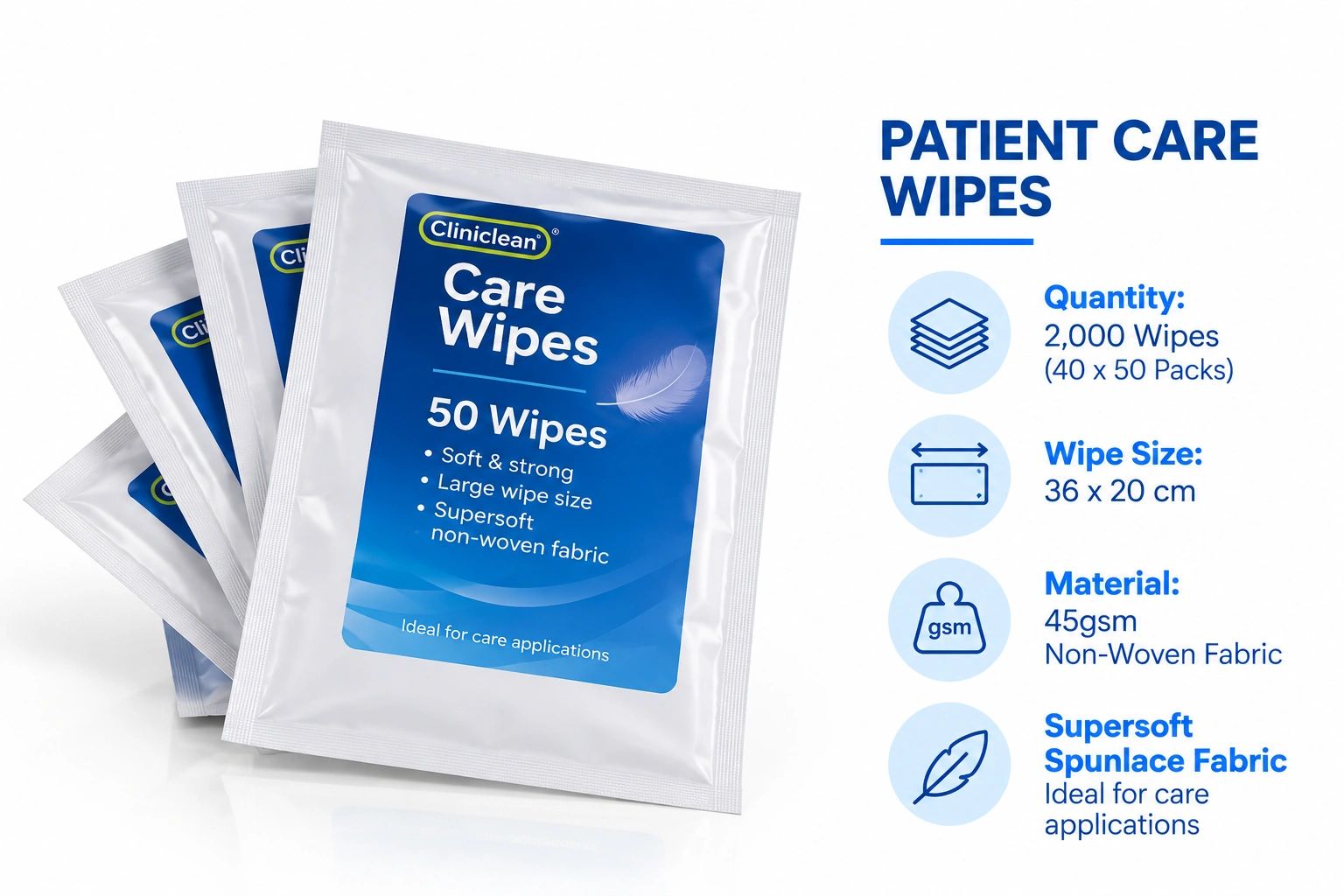 Clinic clean Care Wipes, 50 per pack, soft and strong.