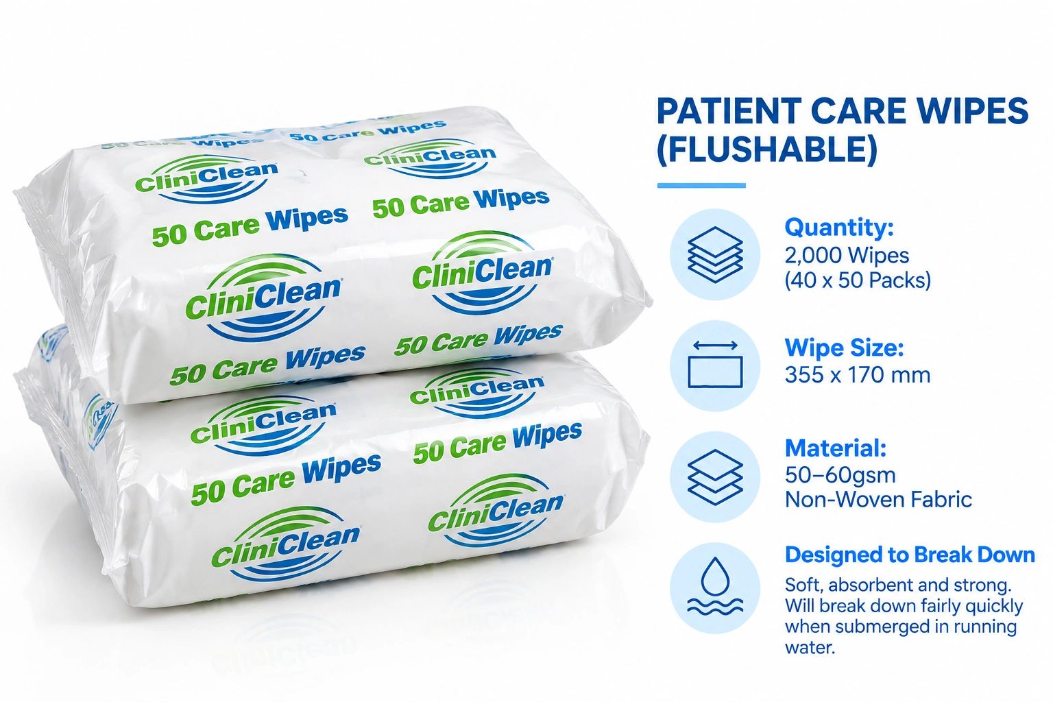 CliniClean flushable patient care wipes with 50 wipes per pack.