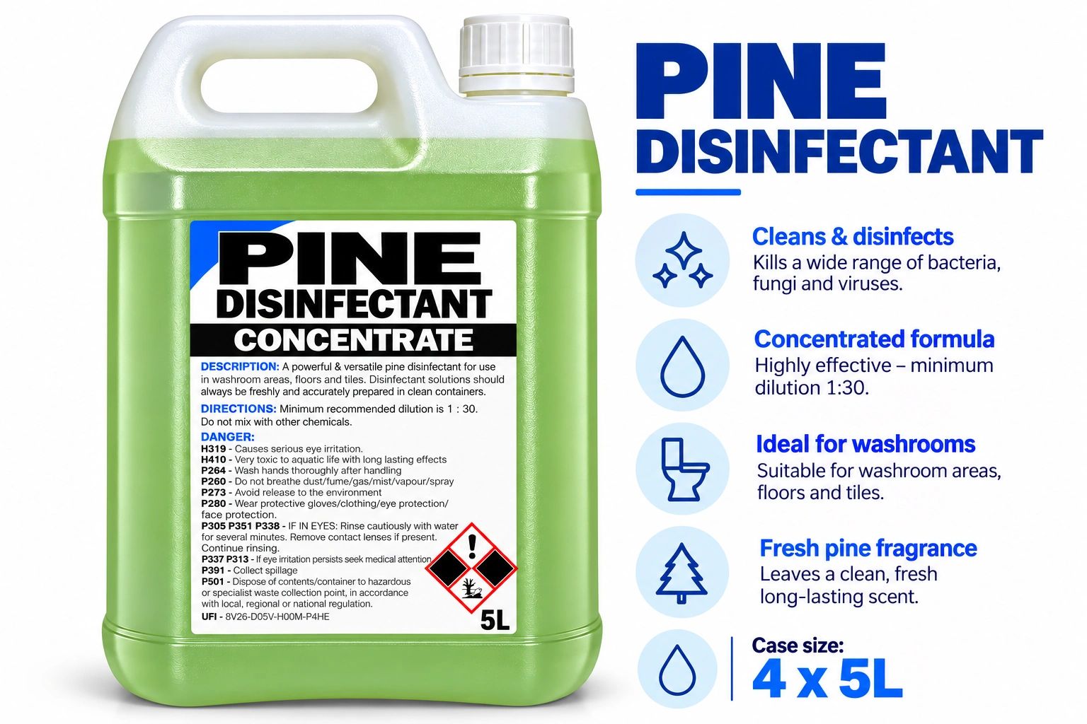5L pine disinfectant concentrate for cleaning and disinfecting washrooms.
