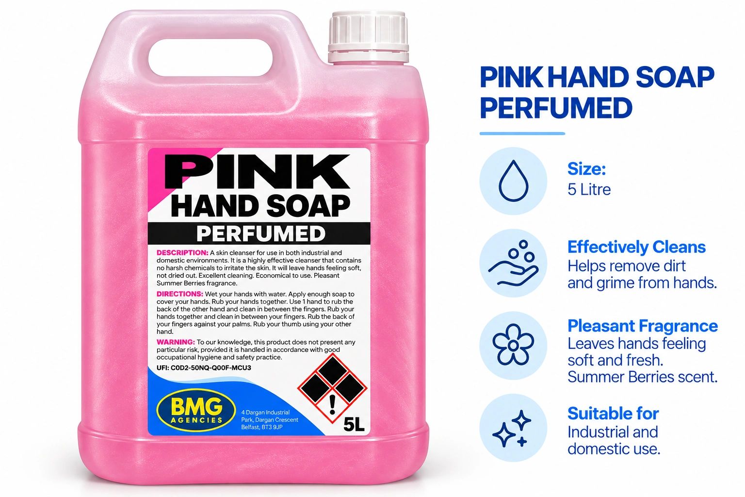 5L pink perfumed hand soap with pleasant summer berries scent.