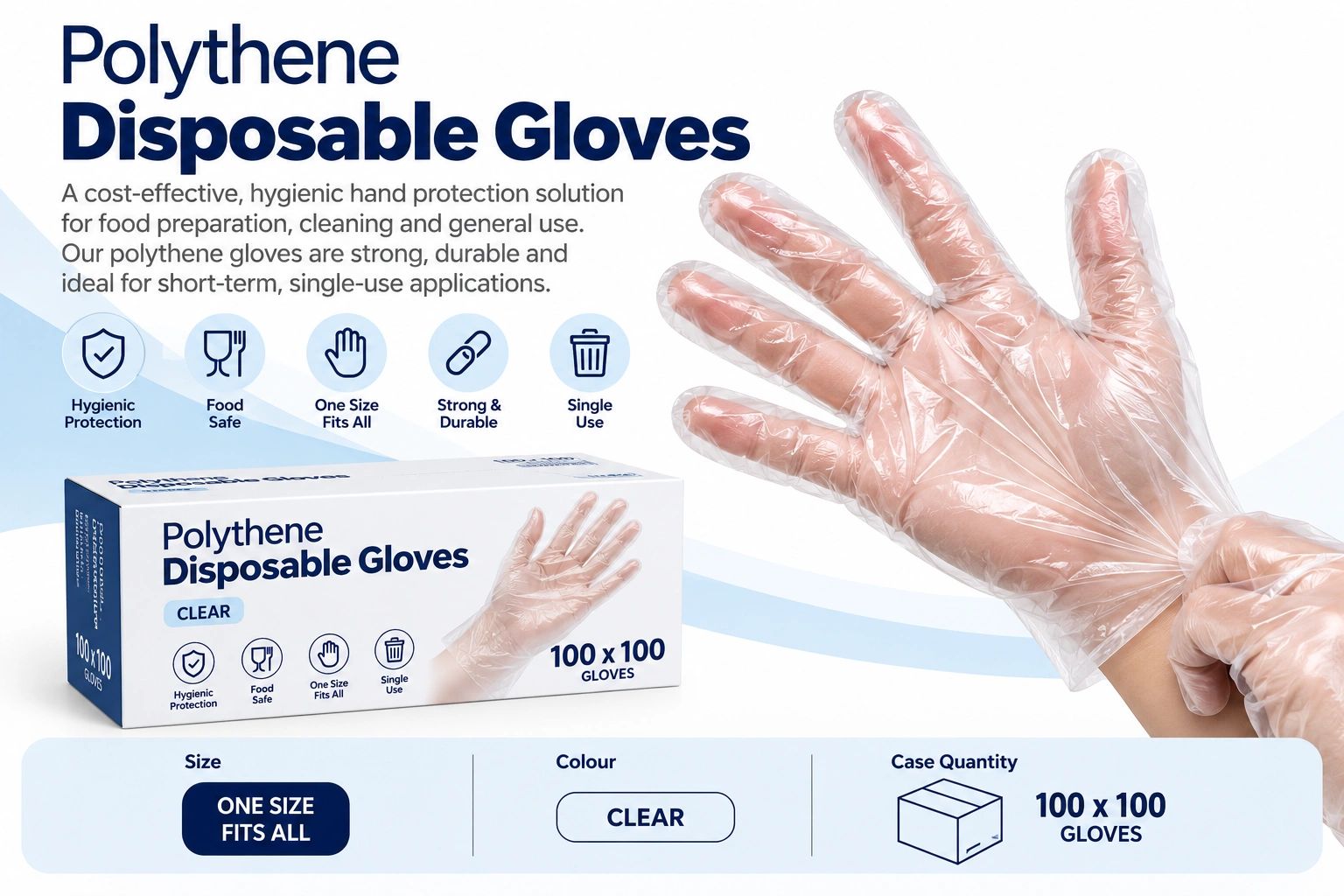 Clear polythene disposable gloves for hygienic hand protection.