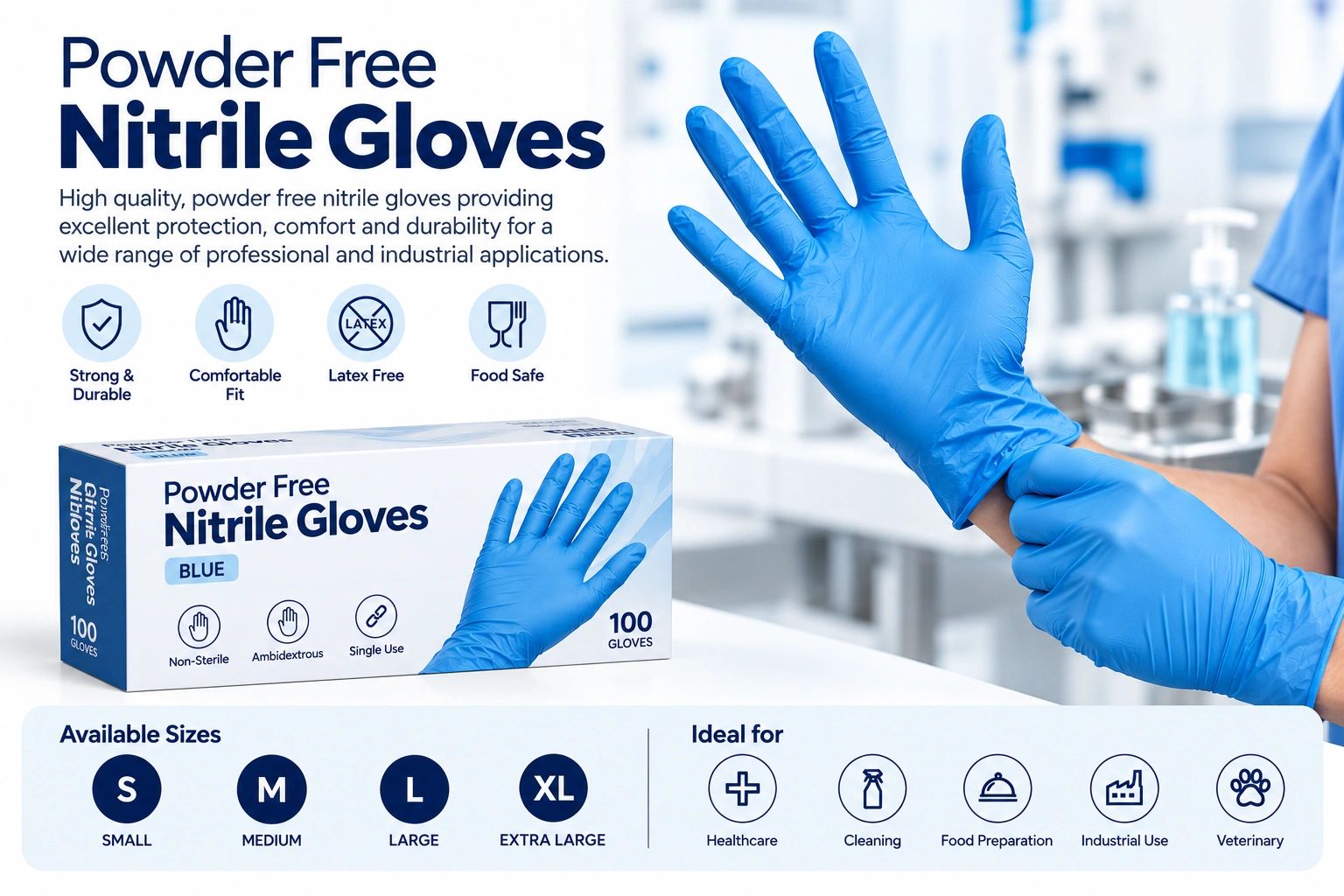 Powder free blue nitrile gloves for professional use.