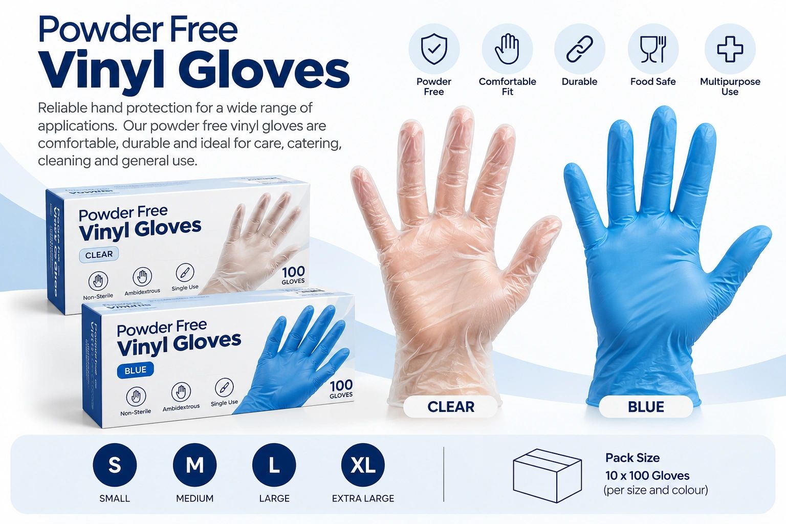 Powder free vinyl gloves in clear and blue, available in various sizes.