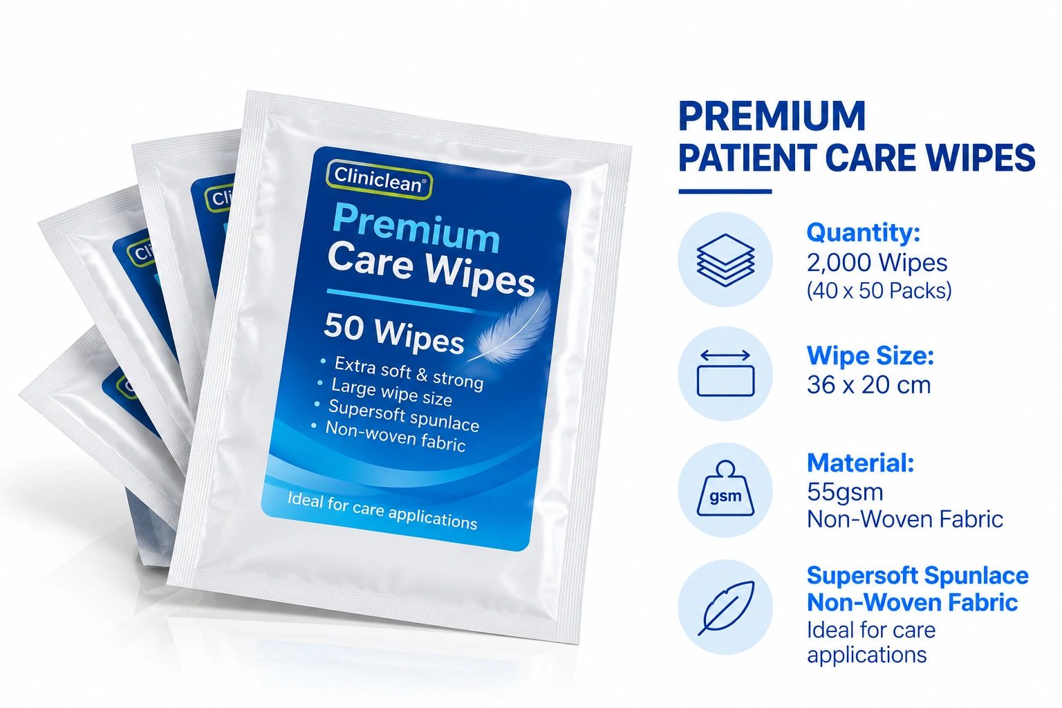 Premium patient care wipes with large size and supersoft fabric.