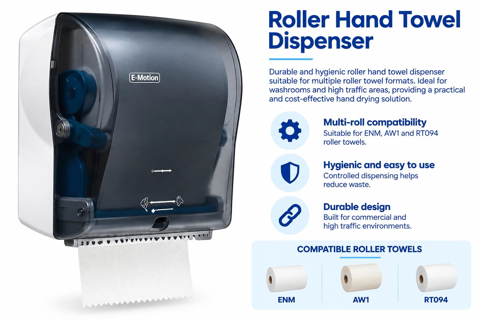 Roller hand towel dispenser for various towel formats.