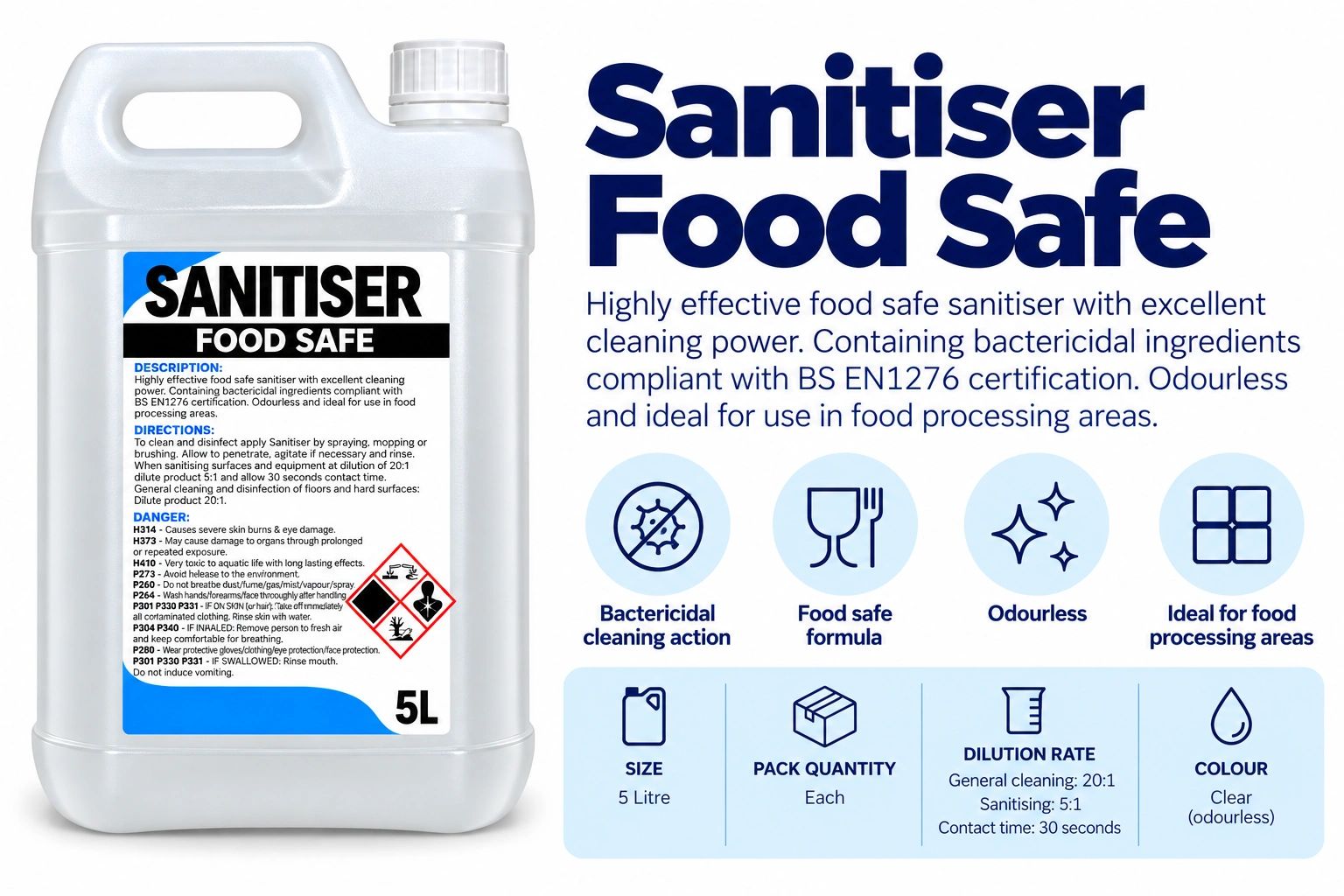 5L food safe sanitiser with bactericidal action and odourless formula.