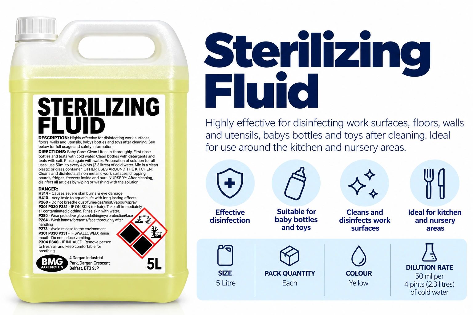 5L sterilizing fluid for disinfecting work surfaces and baby items.
