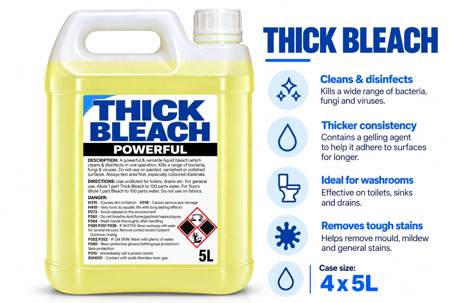 Yellow 5L container of thick bleach with cleaning benefits.