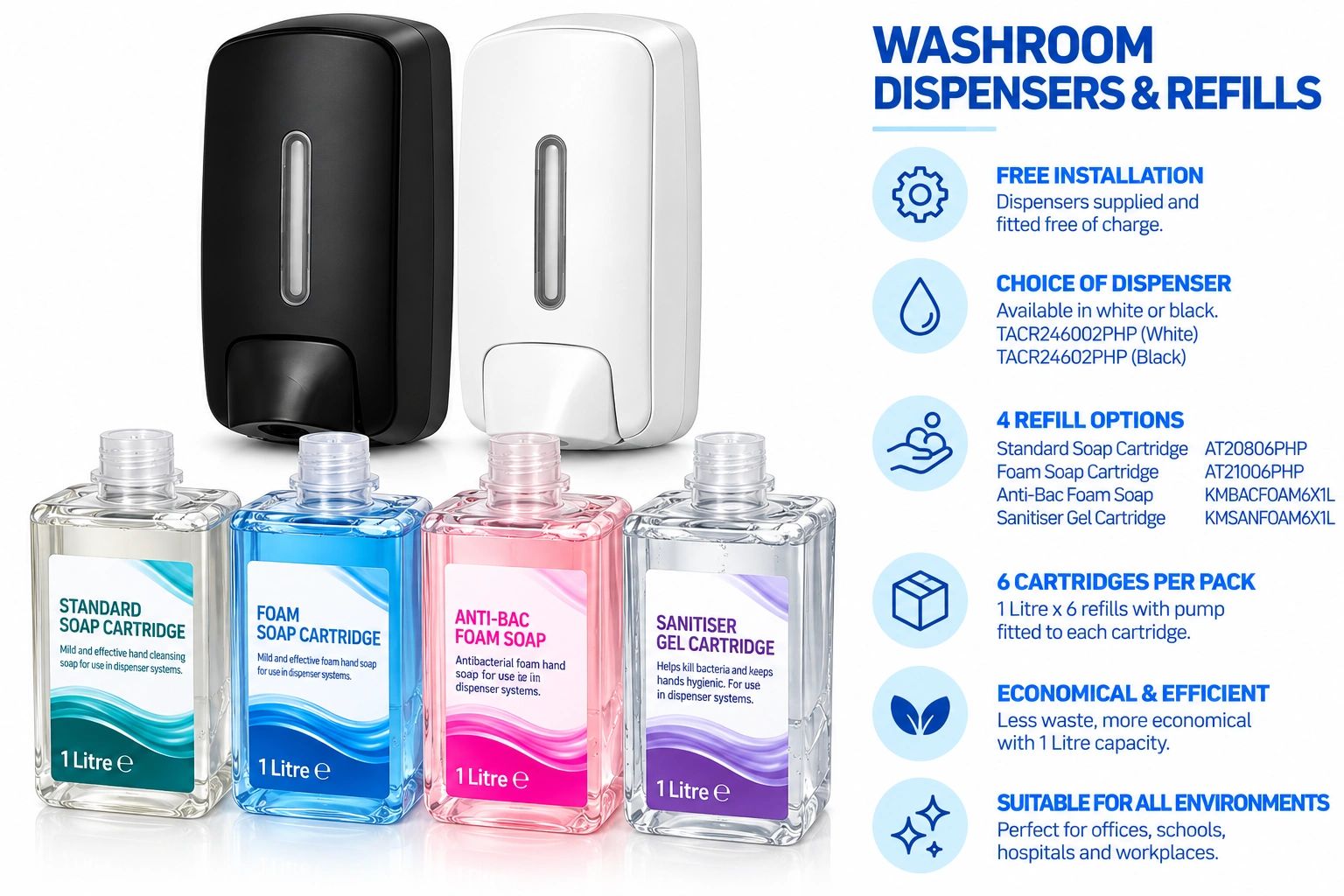 Washroom dispensers and refills with four soap options and free installation.