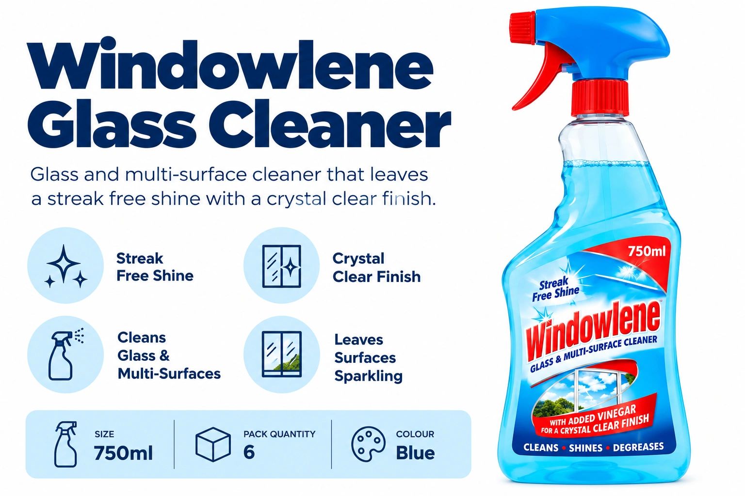 Windowlene glass cleaner bottle with features listed.