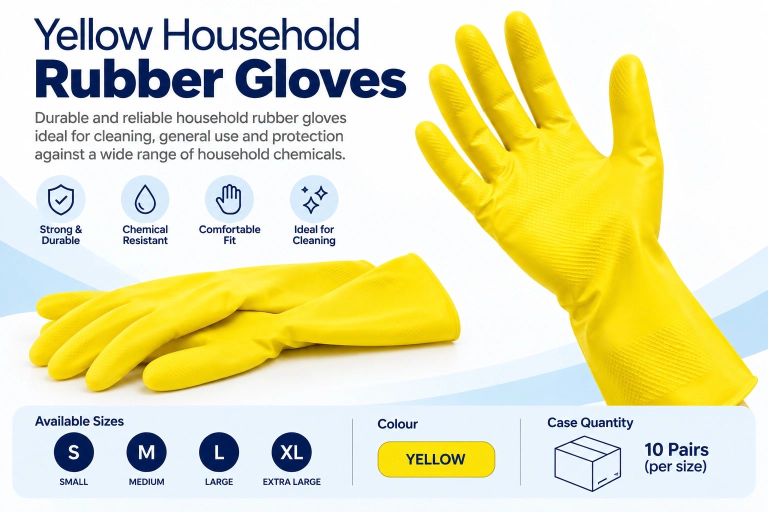 Yellow household rubber gloves, durable and chemical resistant.
