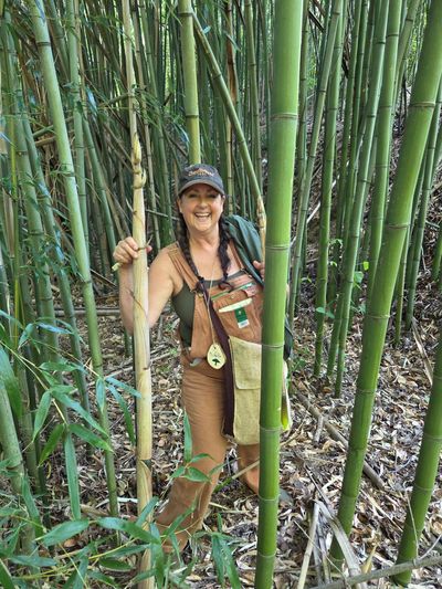 Woman smiling among tall bamboo stalks.