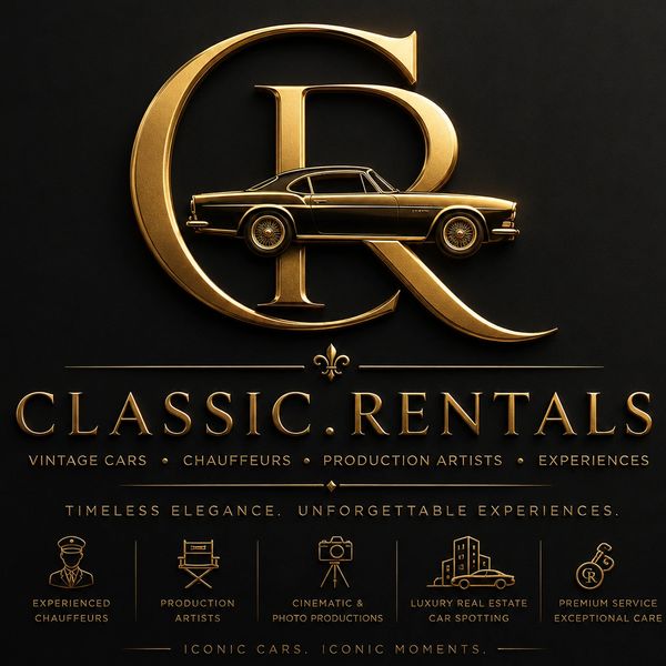 Elegant gold logo for Classic Rentals with a vintage car and luxury services. classic.rentals