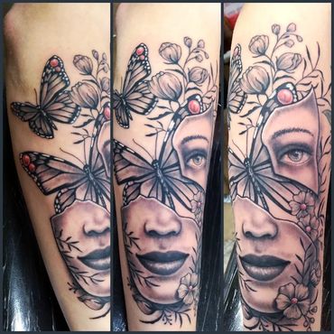 Broken mask of woman's face with butterflies and flowers coming out tattoo
Randie RaneArt