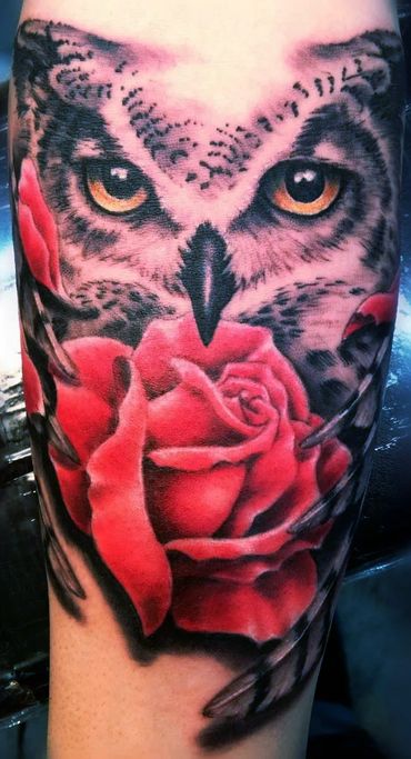 Color and Black and grey owl with rose tattoo Randie RaneArt