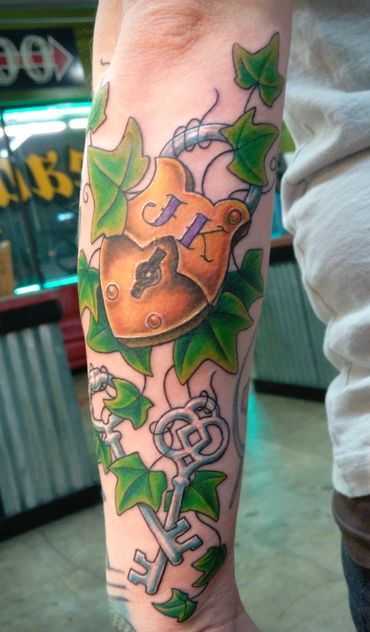 Lock and key tattoo with ivy Randie RaneArt