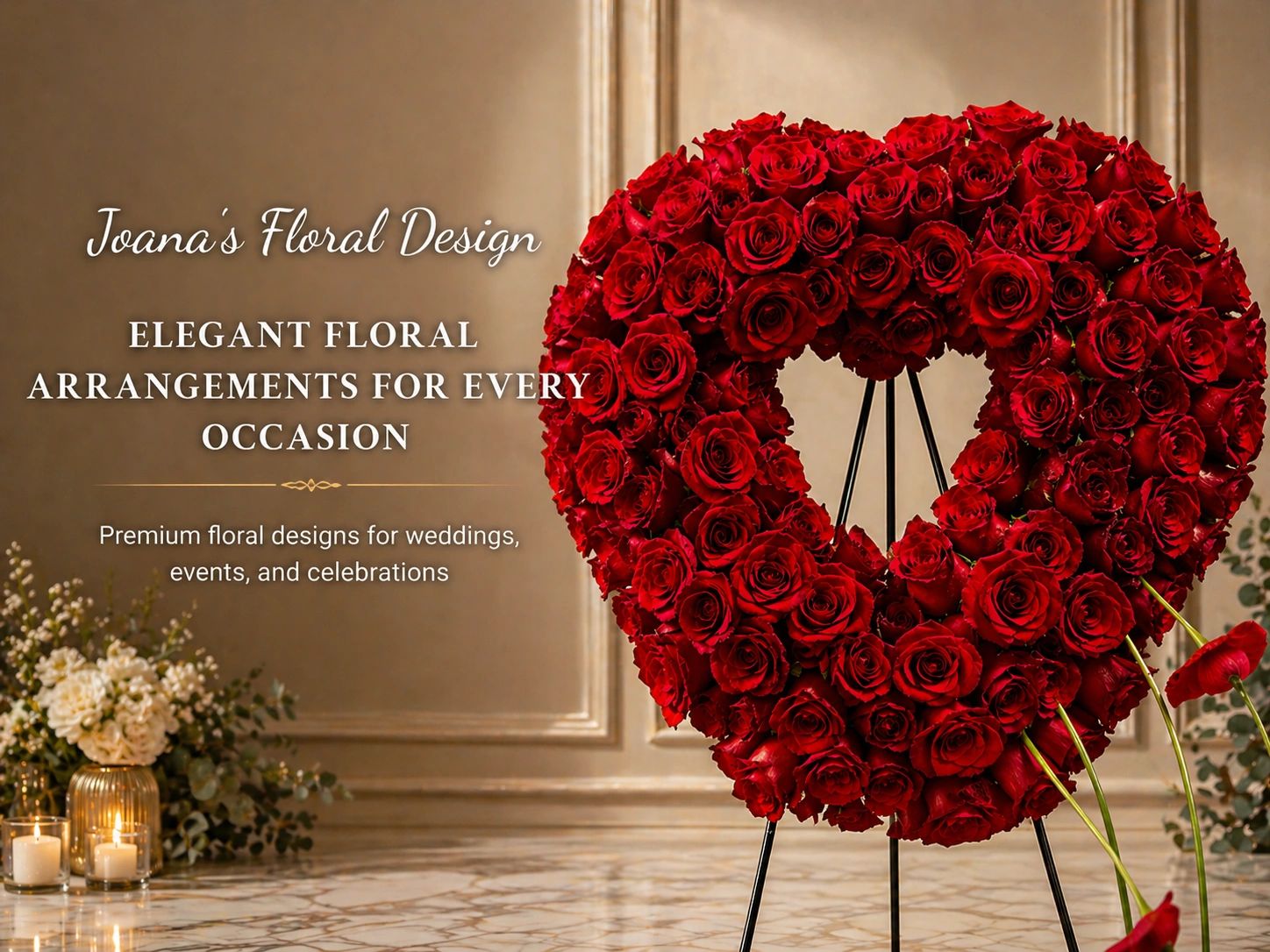 Heart-shaped red rose floral arrangement for special occasions by Joana's Floral Design.