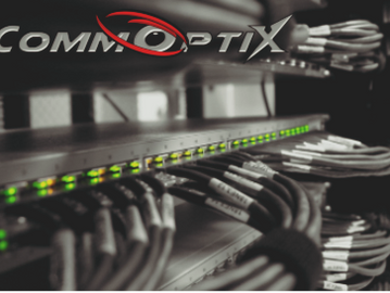 CommOptix logo over a network switch with connected cables.