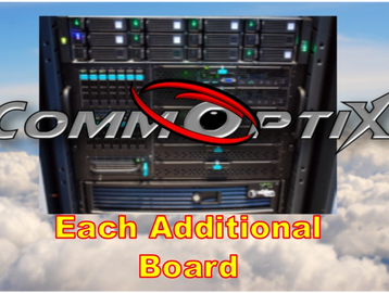 CommOptix logo over a server rack with text about additional boards.