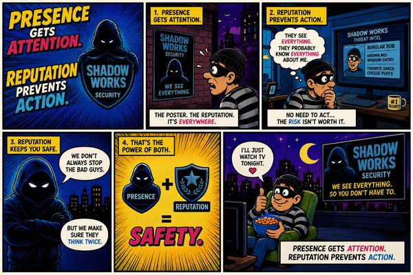 Comic strip illustrating how presence and reputation enhance security and prevent crime.
