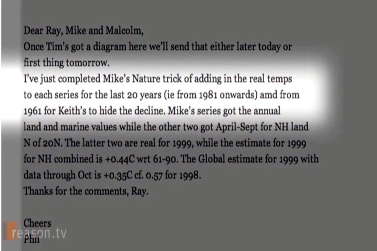 Climategate email leak "I just completed Mike's Nature trick ... to hide the decline" of temperature