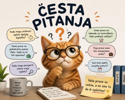 Illustration of a confused cat with questions about social rights and payments.