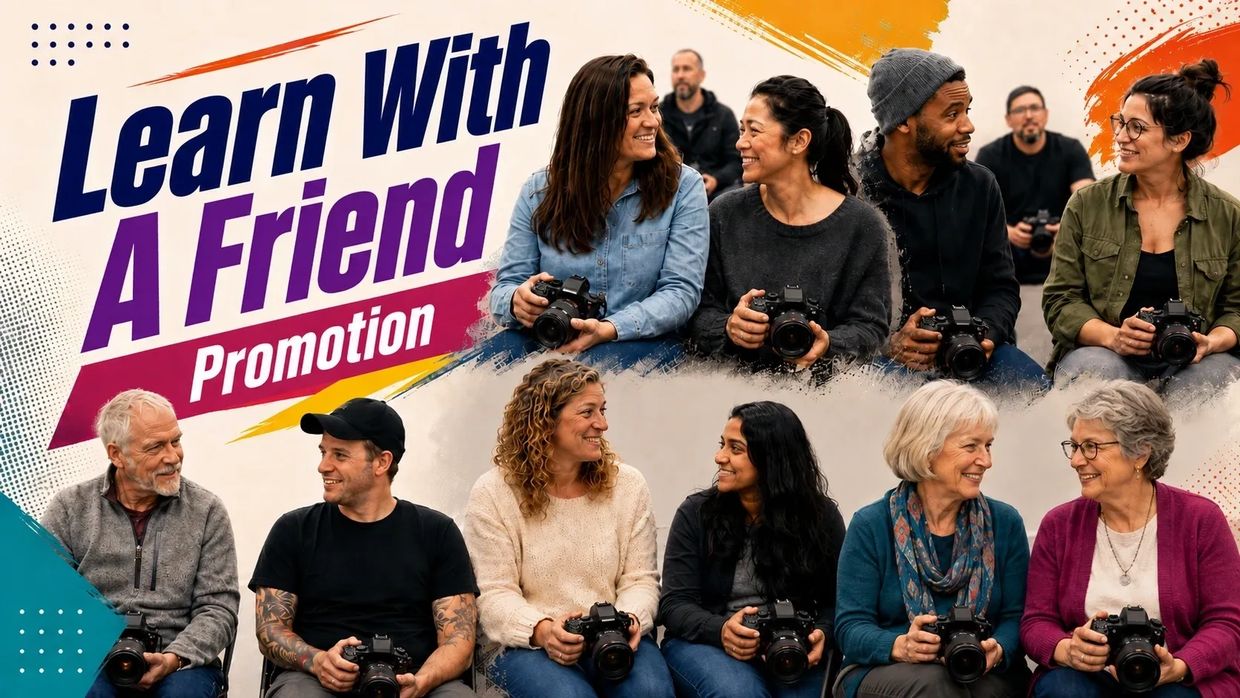 Group of diverse friends holding cameras, promoting learning together.