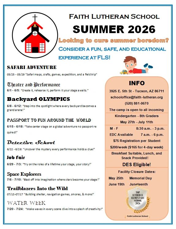 Faith Lutheran School Summer 2026 camp flyer with activities and info.