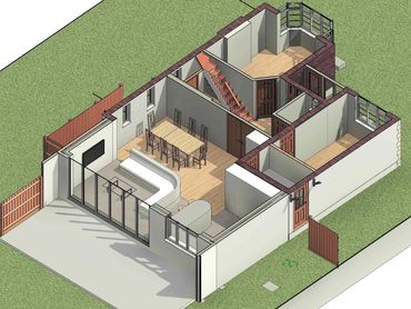 3D view of single storey rear house extension providing open plan kitchen dining area