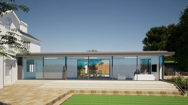 External view of large glazed extension to manor house providing kitchen, dining and family room.