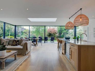 Internal  view of single storey rear house extension providing open plan kitchen dining area